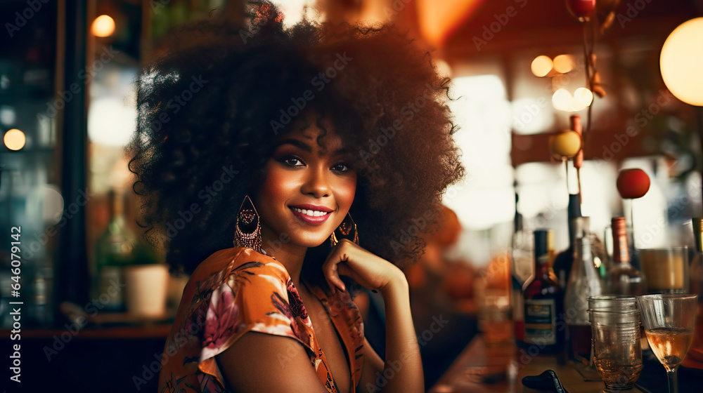 Fototapeta premium portrait beautiful afro black woman sitting in a bar