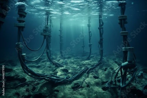 High-voltage cables buried in sea floor for power and data transmission. Generative AI