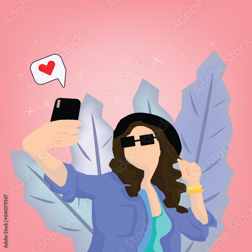 girl taking foto with smartphone on leaves background