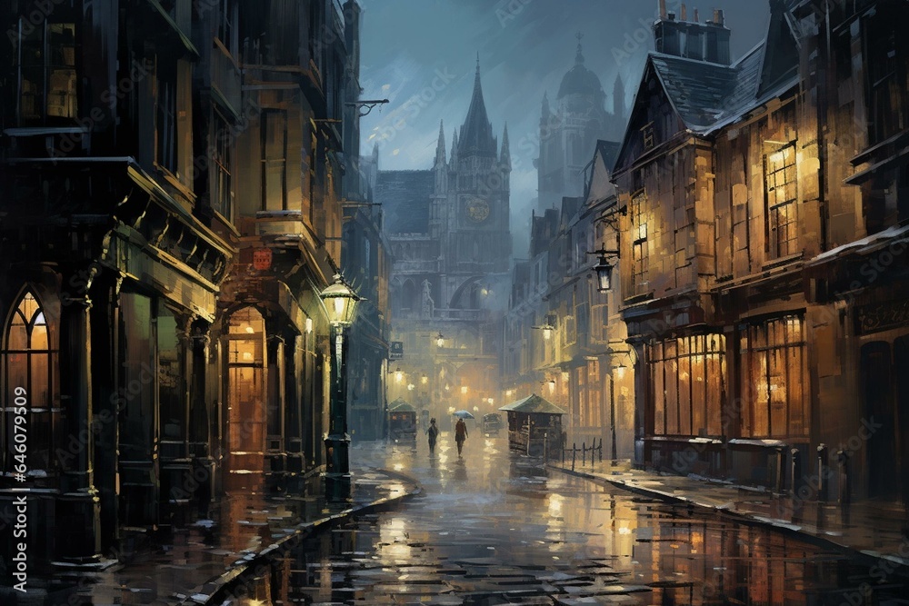Painting of an ancient city street at night in the rain, showcasing a historic 19th-century London cityscape. Generative AI