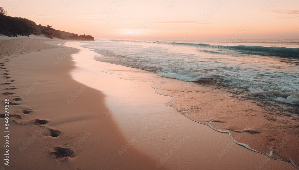 Tranquil sunset over tropical coastline, waves crash on sand dunes generated by AI