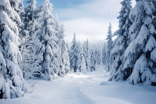 Winter landscape with tall evergreen trees covered in snow. Generative AI © Pascal