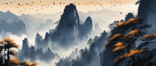 A flock of birds flying over a mountain range and trees of a fantasy landscape, digital painting © Mikalai