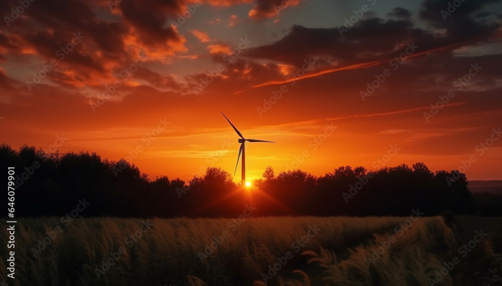 Obraz premium Efficient wind power generation spins wheat fields into sustainable energy generated by AI