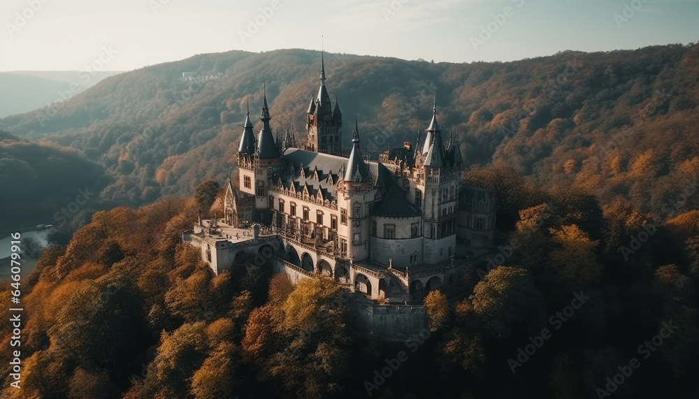 Medieval chapel atop majestic mountain surrounded by autumn forest generated by AI