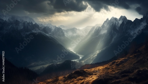 Majestic mountain range, foggy cliff, tranquil meadow, nature beauty generated by AI