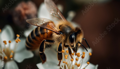 Busy honey bee picking up pollen from yellow flower generated by AI © Stockgiu