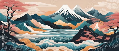 Sea with waves and mountain landscape with pink clouds, linart and digital art