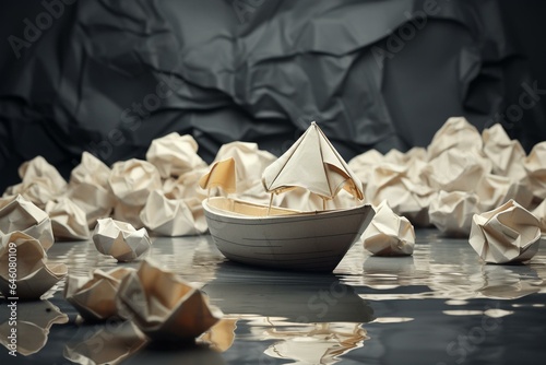 Concept of change and collaboration with crumpled paper balls and a boat. Generative AI