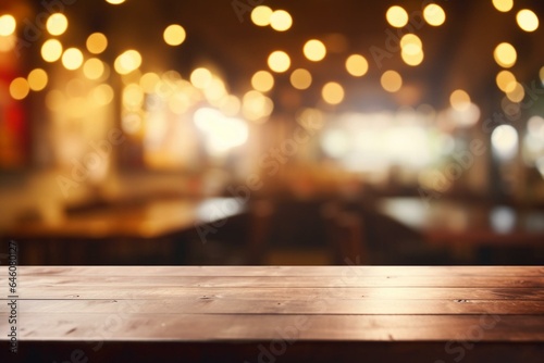 Blurred cafe bar with an empty wooden table  abstract lights bokeh background. Generative AI