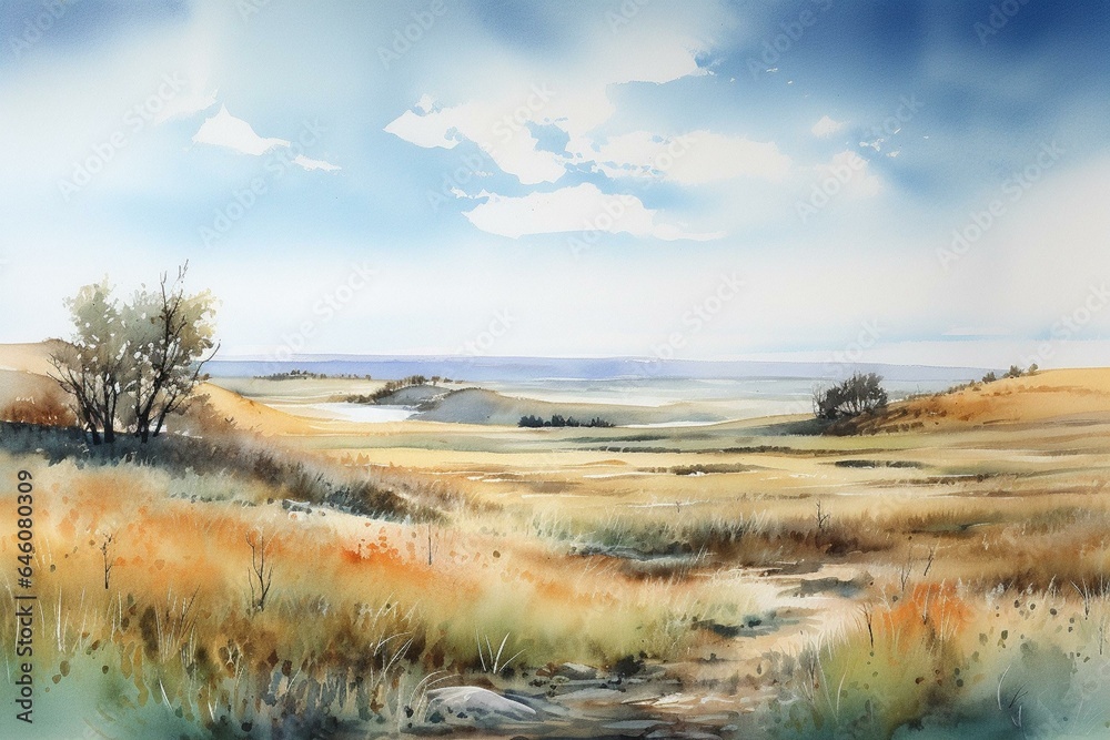A watercolor artwork showcasing a serene landscape with a blue sky and grassland. Generative AI