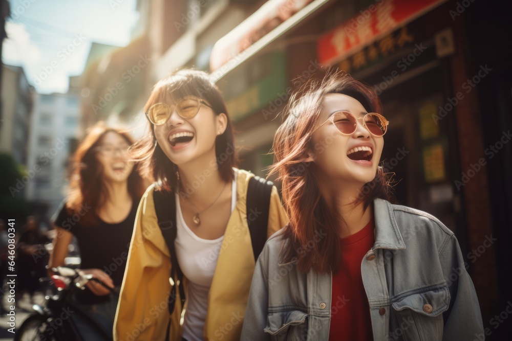 a group of asiatic young girls laughing and having fun on a city streets a group of asiatic young girls laughing and having fun on a city streets