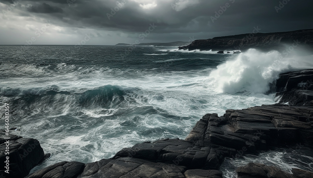 Rough surf crashes against dramatic coastline, awe inspiring beauty in nature generated by AI