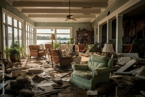Interior of a residence in Houston following Hurricane Harvey. Generative AI photo