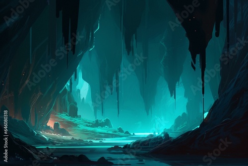 Foto A glowing cavern with turquoise crystals. Generative AI