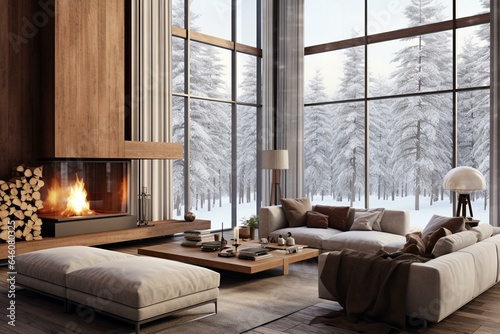 An inviting and warm interior with a large window revealing a snowy forest view. It features an open layout, wooden accents, comforting tones, and a fireplace for the family. Generative AI © Thalia