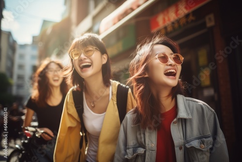 a group of asiatic young girls laughing and having fun on a city streets © urdialex