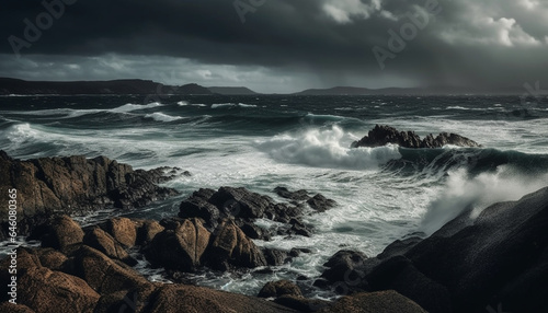 Breaking waves crash against rocky coastline, majestic beauty in nature generated by AI