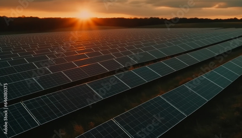 Sunset over modern solar power station generates sustainable electricity outdoors generated by AI