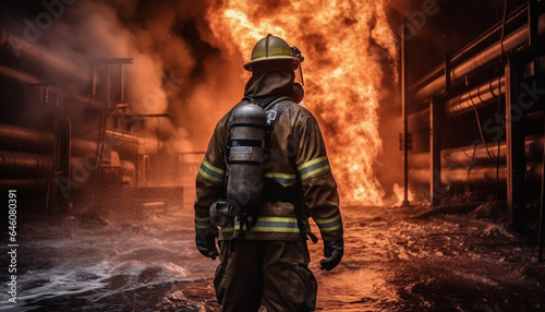 Firefighter in protective suit spraying liquid on burning steel inferno generated by AI