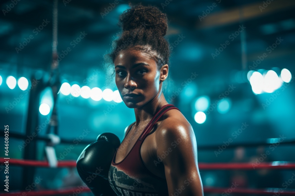 young black woman ready for fight in a boxing ring