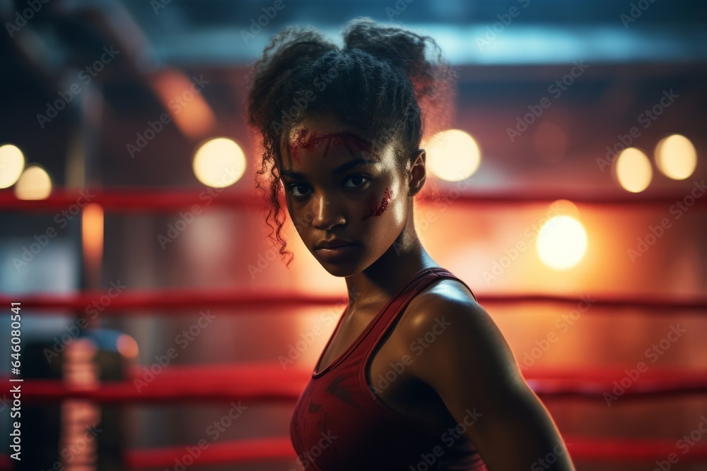 young black woman ready for fight in a boxing ring