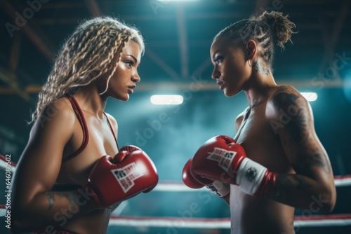 two young black boxer women wearing boxing gloves ready for fight in a boxing ring