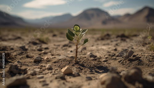 Fresh green seedling grows in dry arid terrain, symbolizing survival generated by AI