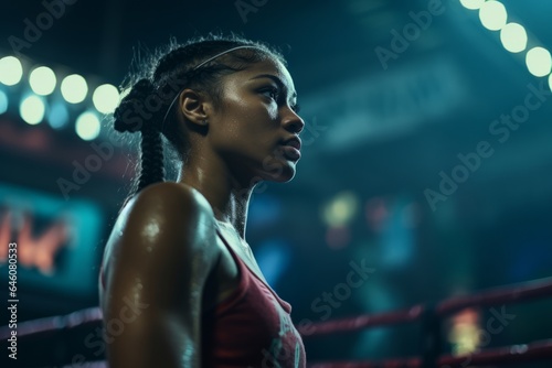 young black woman ready for fight in a boxing ring photo