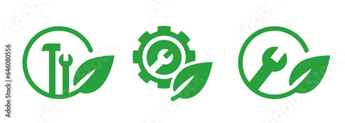 Green eco mechanical agro farm automation hammer wrench symbol icon of maintenance technical technology agriculture
