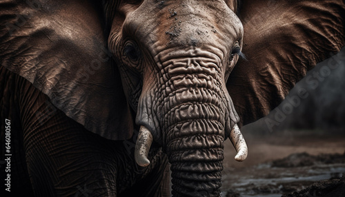 Large African elephant with wrinkled trunk and tusk in nature generated by AI © Stockgiu