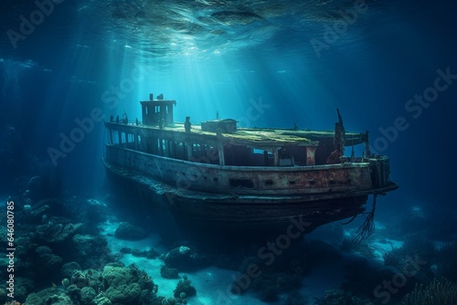 A lavish boat sailing across the azure ocean with a glimpse of the underwater realm. Generative AI