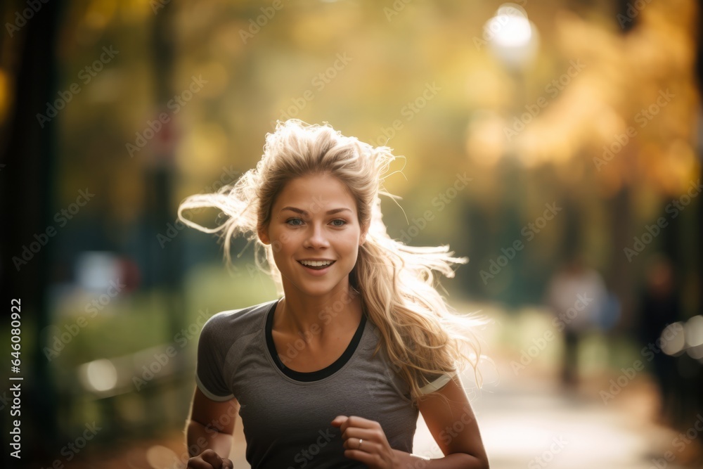 young blonde woman running in a public park in autumn 