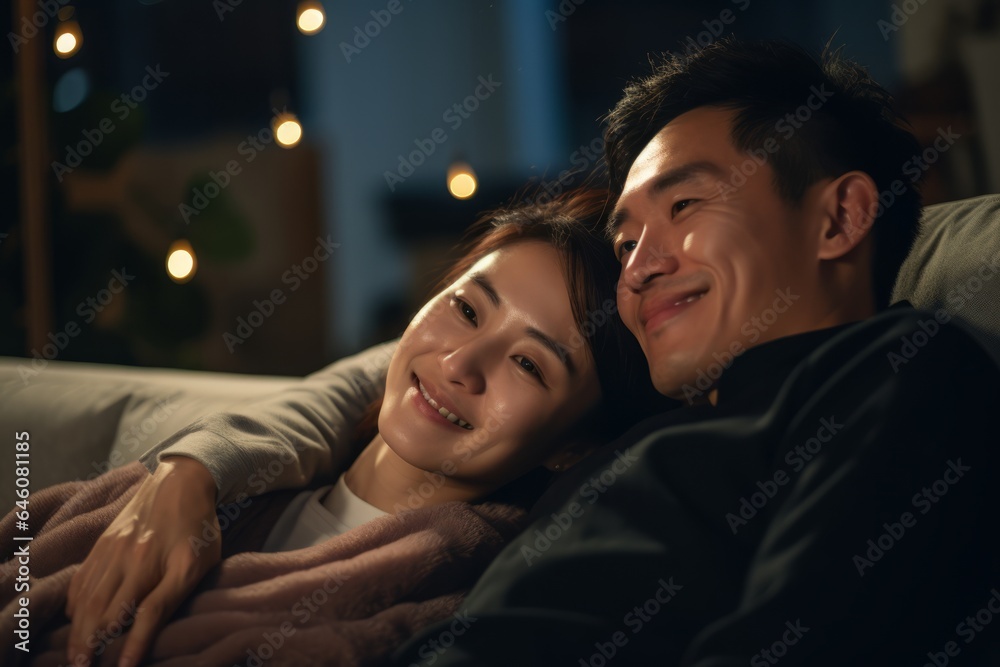 a young asian couple enjoying a film and smiling in their sofa a young asian couple enjoying a film and smiling in their sofa
