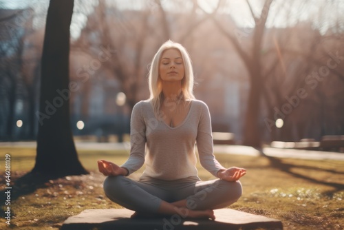 blonde young caucasic woman practicing meditation in a public park under morning light