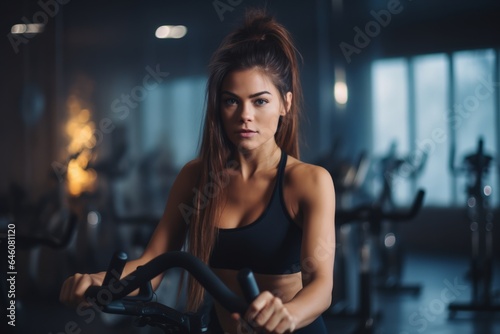 caucasian woman working out in the gym looking directly to the camera