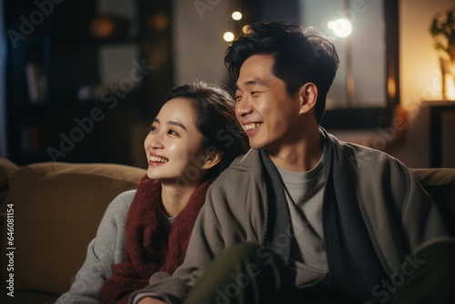 a young asian couple enjoying a film and smiling in their sofa