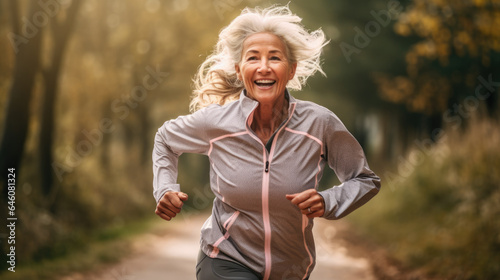 Elderly woman running outdoor. Senior Mature lady jogging. Older female doing sport to keep fit.