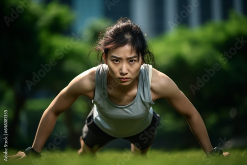 young energetic asiatic woman wearing sport clothes working out in a public park on a sunny day