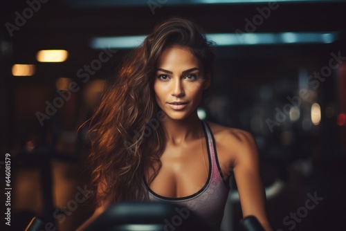 latin young woman practicing exercise in the gym and looking to the camera © urdialex