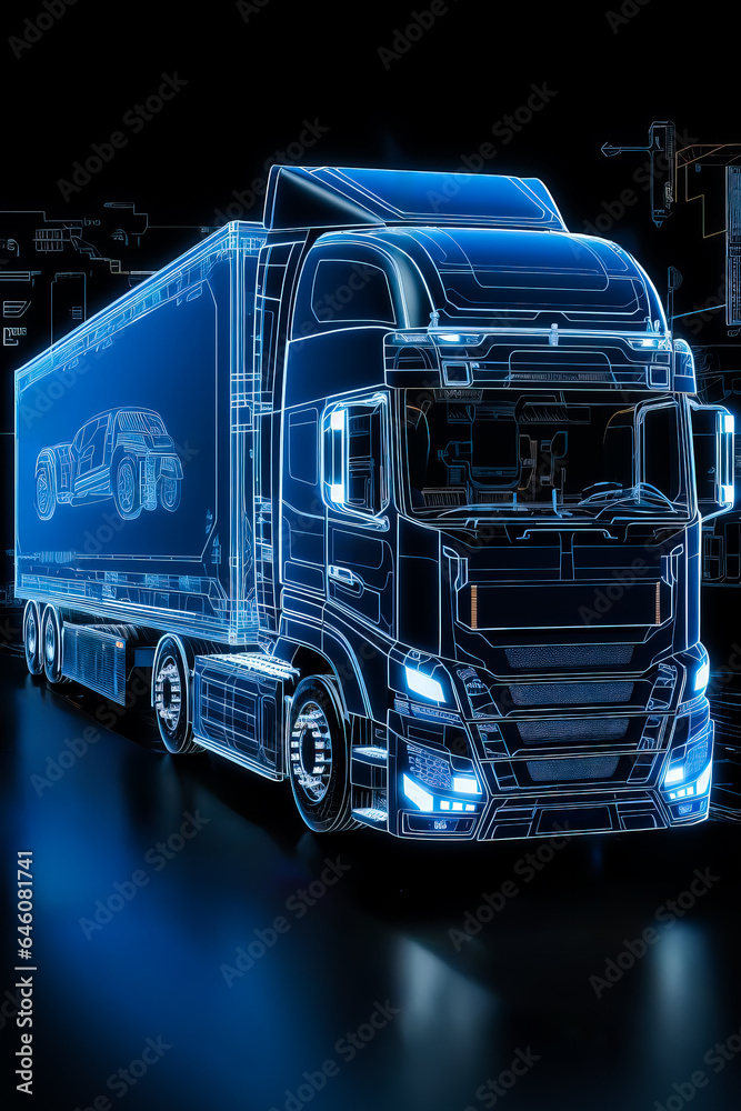 3D illustration of a wireframe futuristic truck with a trailer 