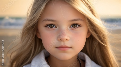 portrait of a young girl, capturing her essence against a backdrop of a sunny beach, generative AI