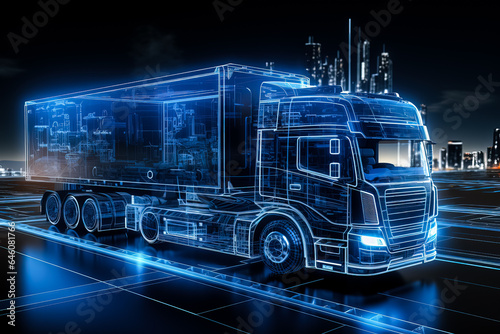 3D illustration of futuristic truck and trailer in wireframe intersection 