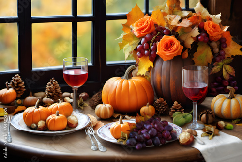 Cottage and Autumn decoration with flowers, wine, pumpkins and grapes on wooden table