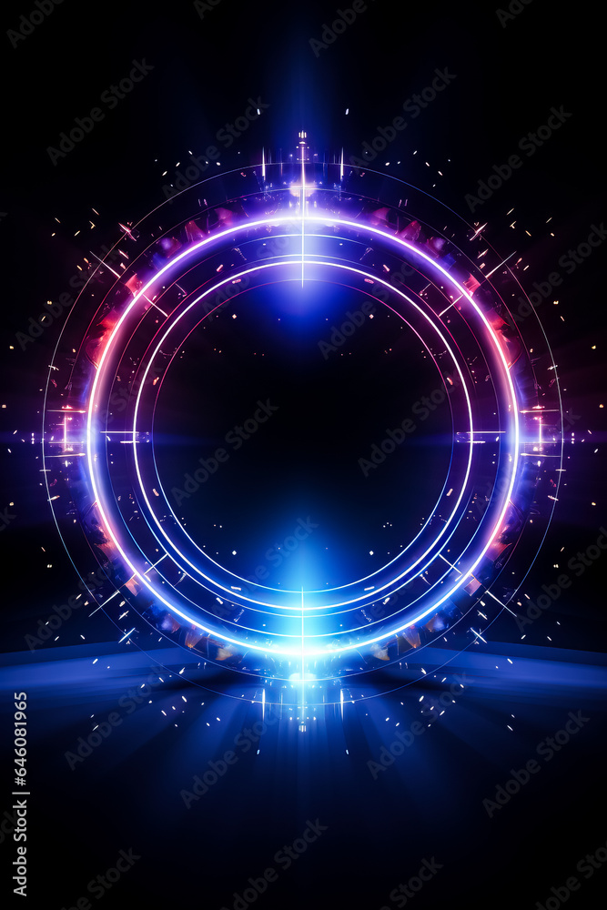 Obraz premium Abstract background with double glowing circle geometric lines connection featuring modern shiny blue and purple tech lines pattern illustrating futuristic technology concept 