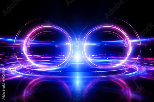 Abstract background with double glowing circle geometric lines connection featuring modern shiny blue and purple tech lines pattern illustrating futuristic technology concept 