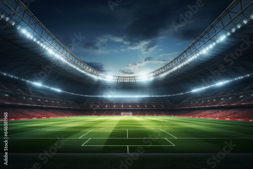 Soccer stadium and spotlight without night soccer players. The background of the supporter seat. Sports concept for competitions and watching games.