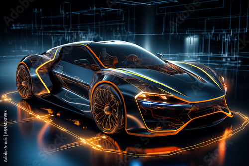 Abstract future sports car with electric-powered engine featuring low polygon wireframe triangle and particle-style illustration 