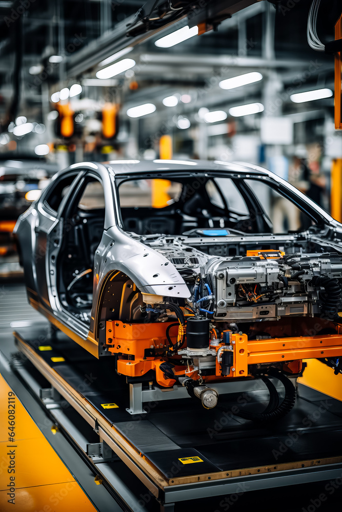 Assembly line for robots with electric car battery module on platform 