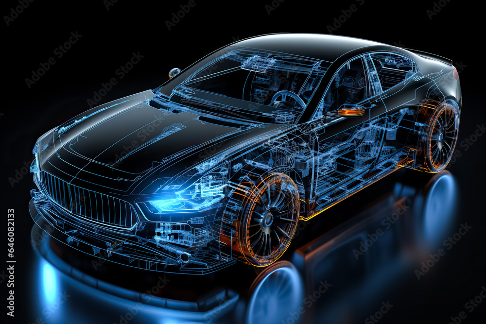 Black background 3D illustration of wireframe modern car with high-tech user interface details 
